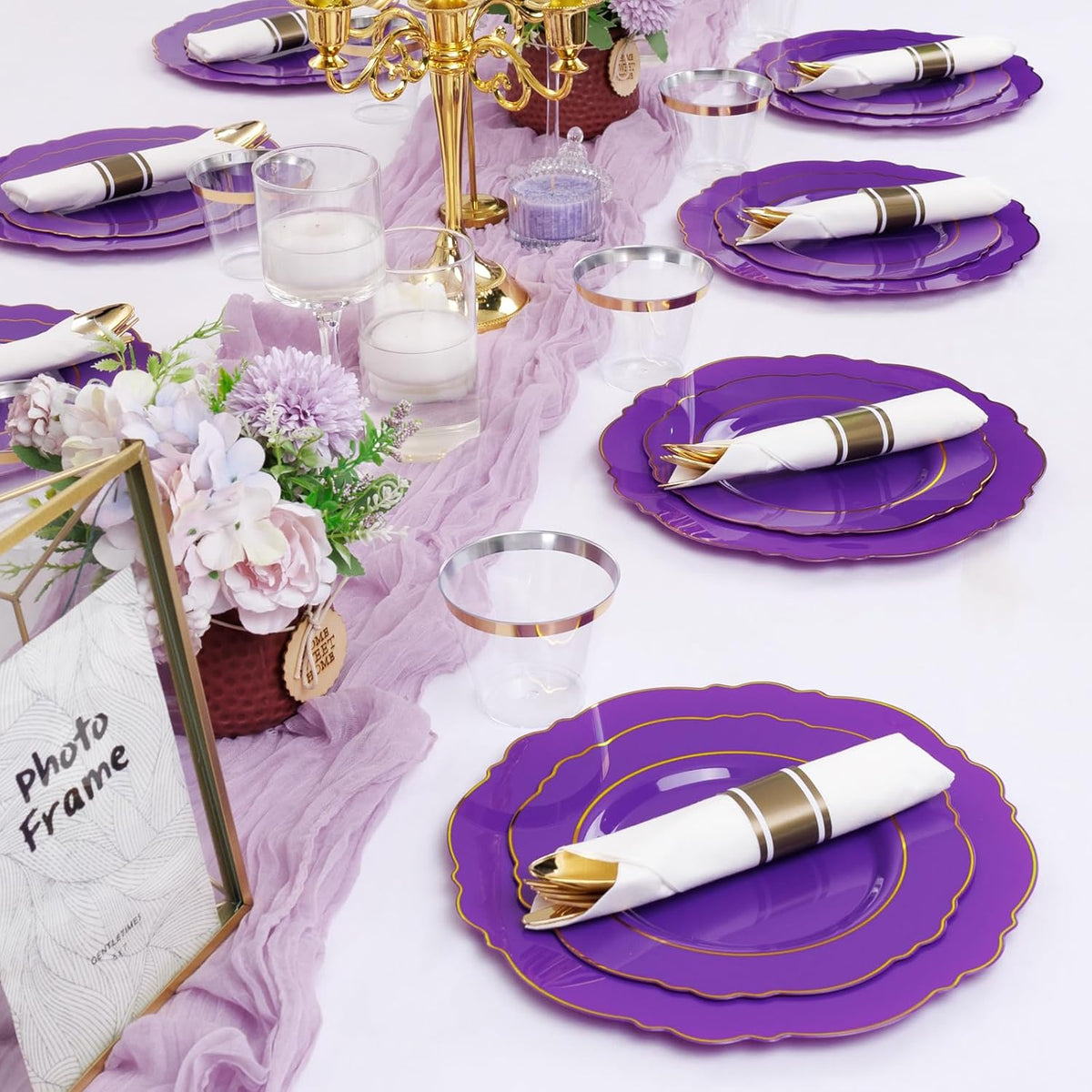 Liacere 350PCS Purple Plastic Plates-Disposable Purple and Gold Plates 50 guest Baroque Plastic