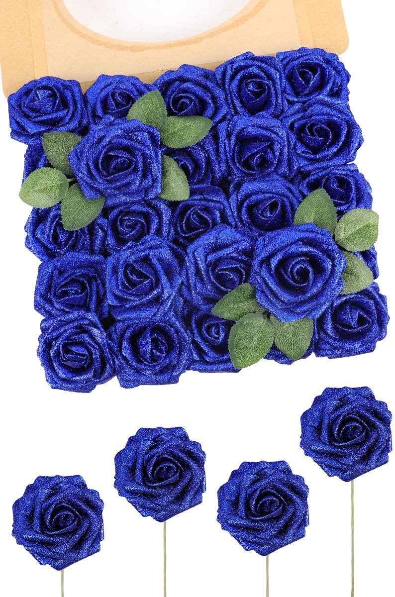 N&T NIETING Artificial Flowers Glowing Navy Blue Flowers Foam 50pcs Glitter Roses Real Looking Fake
