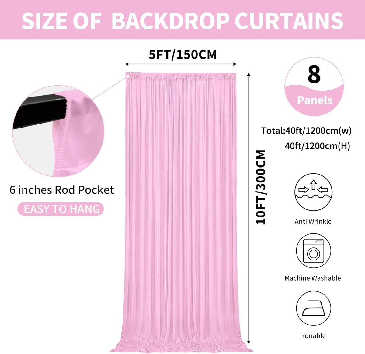 40x10ft Backdrop Curtains for Parties, 8 Panels 5x10ft Curtains Photography Drapes Rod Pocket