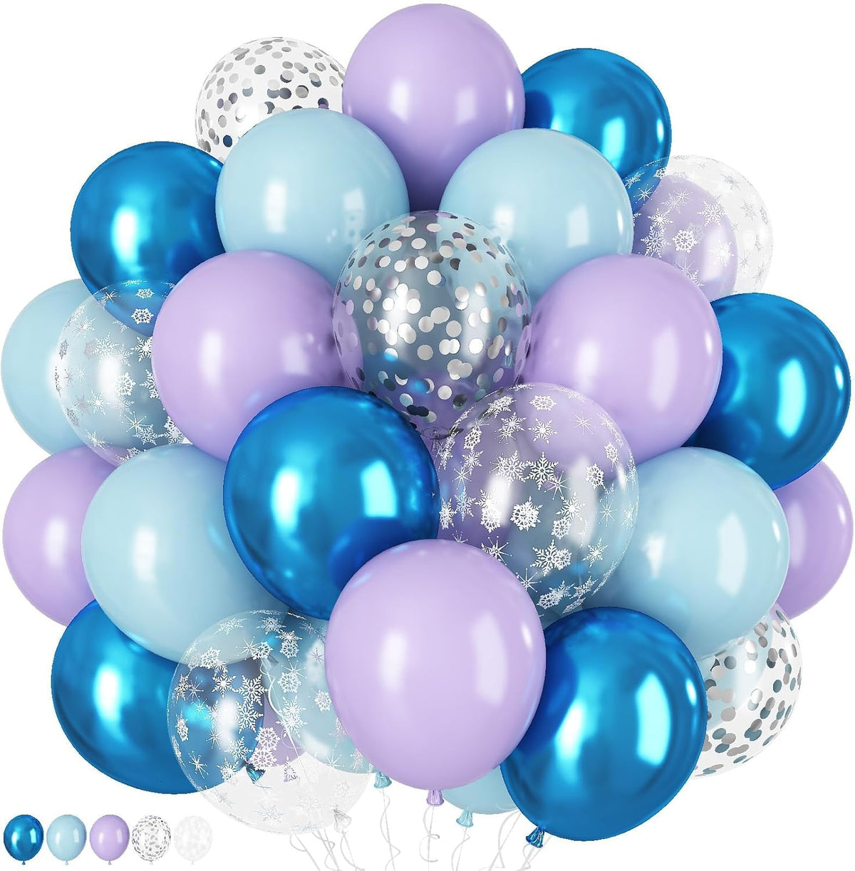 60Pcs Snowflake Balloons, Dusty Light Blue Purple Metallic Dark Blue Snowflake Clear Silver