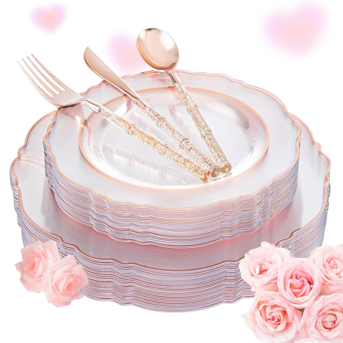 Liacere 150PCS Rose Gold Plastic Plates - Clear Rose Gold Disposable Plates with Glitter Bamboo