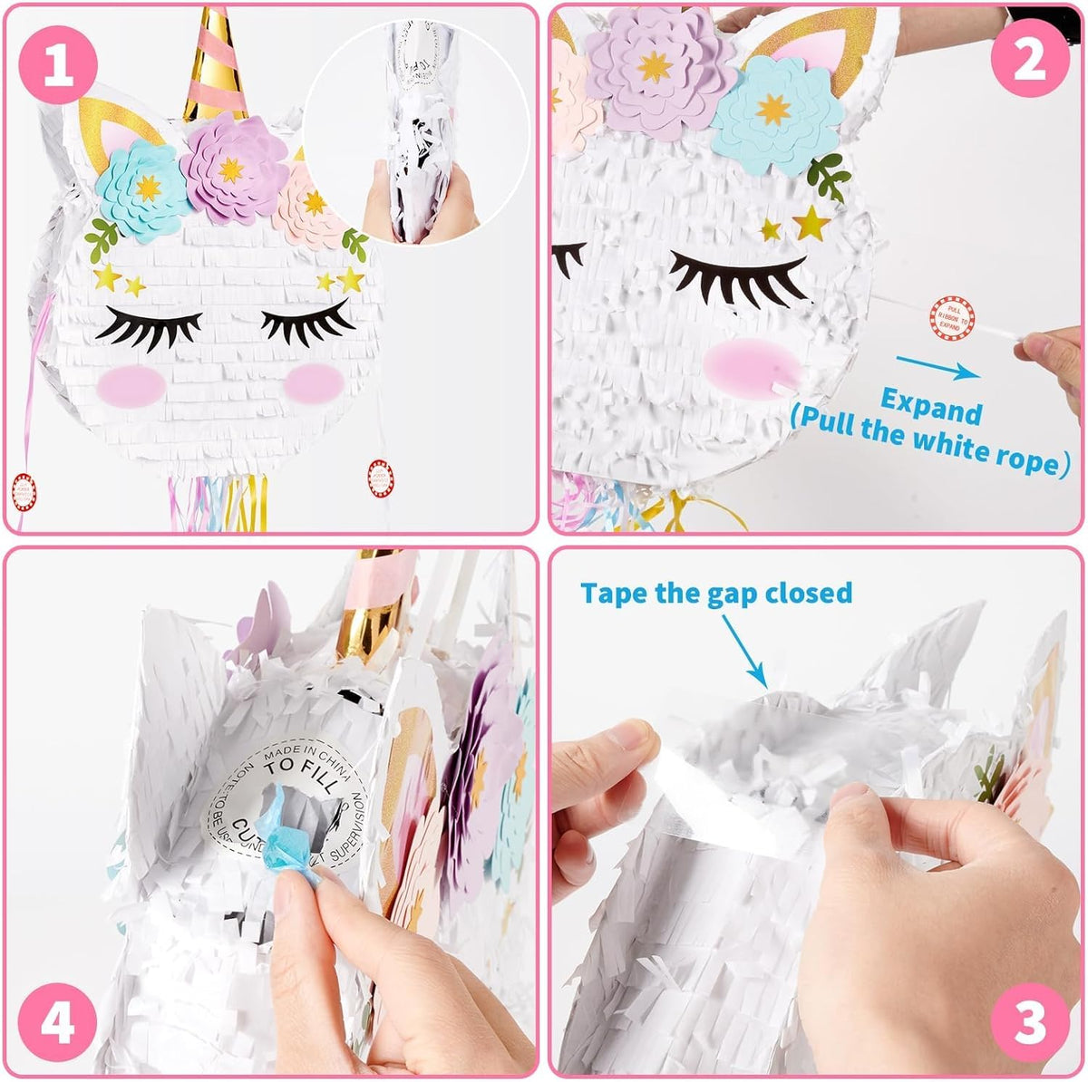 Foldable Unicorn Piñata - Unicorn Birthday Party Supplies Extendable Piñata with Blindfold Bat and
