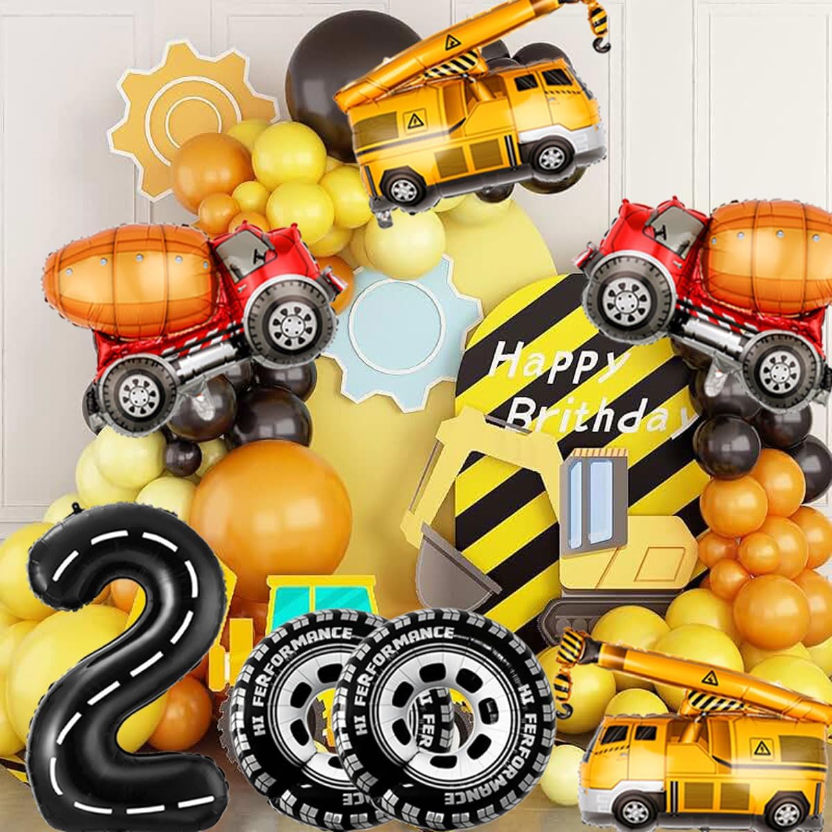 2nd Birthday Decorations for Boys Construction Balloons 40inch Number 2 Balloons Truck Foil Balloon