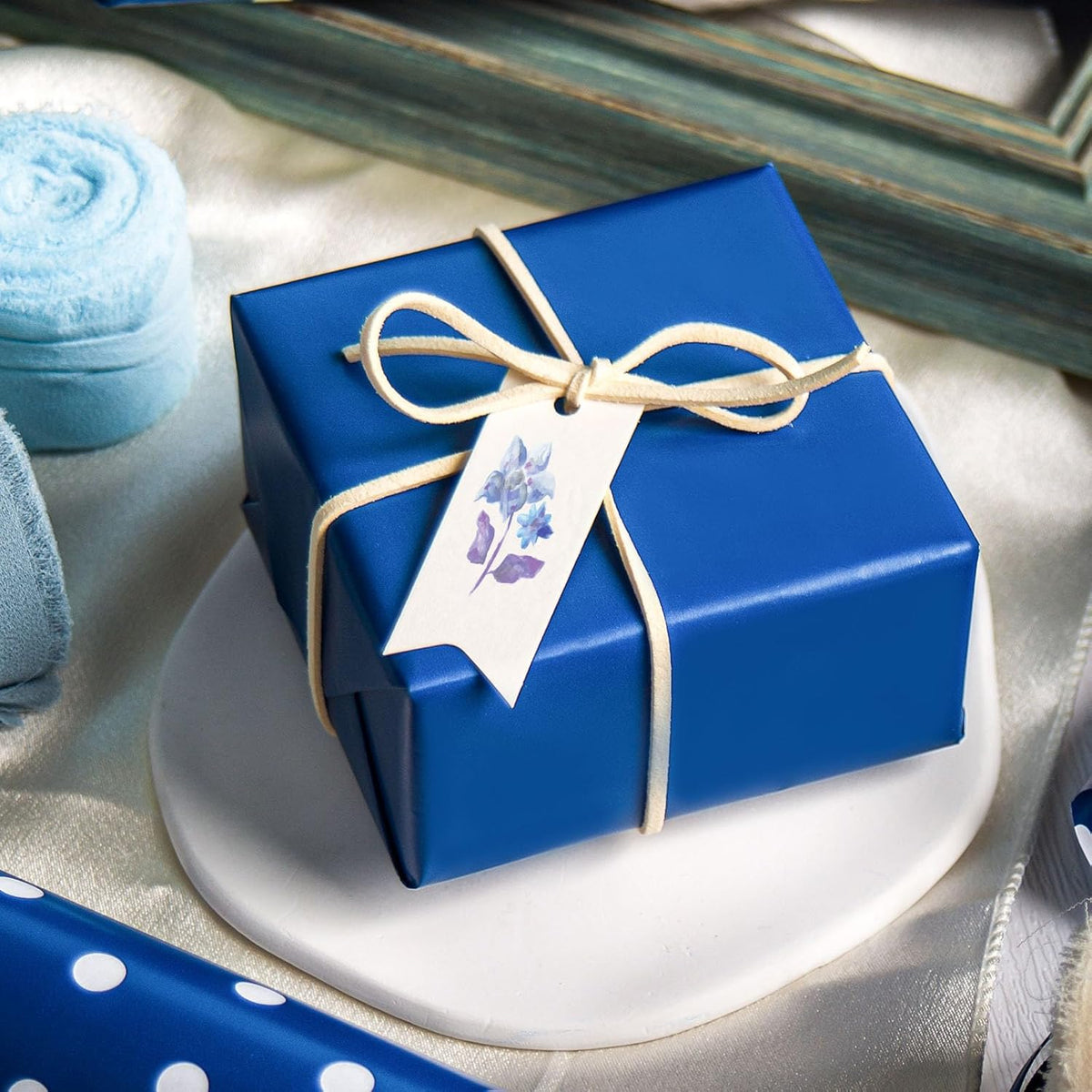 Flyhill Navy Blue Wrapping Paper,Reversible Gift Wrap Paper with Polka Dot Design for Father's