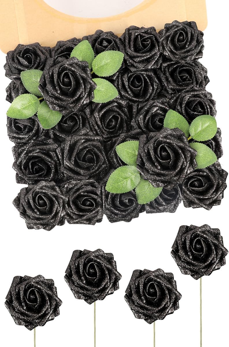 N&T NIETING Artificial Flowers Glowing Black Flowers Foam 50pcs Glitter Roses Real Looking Fake