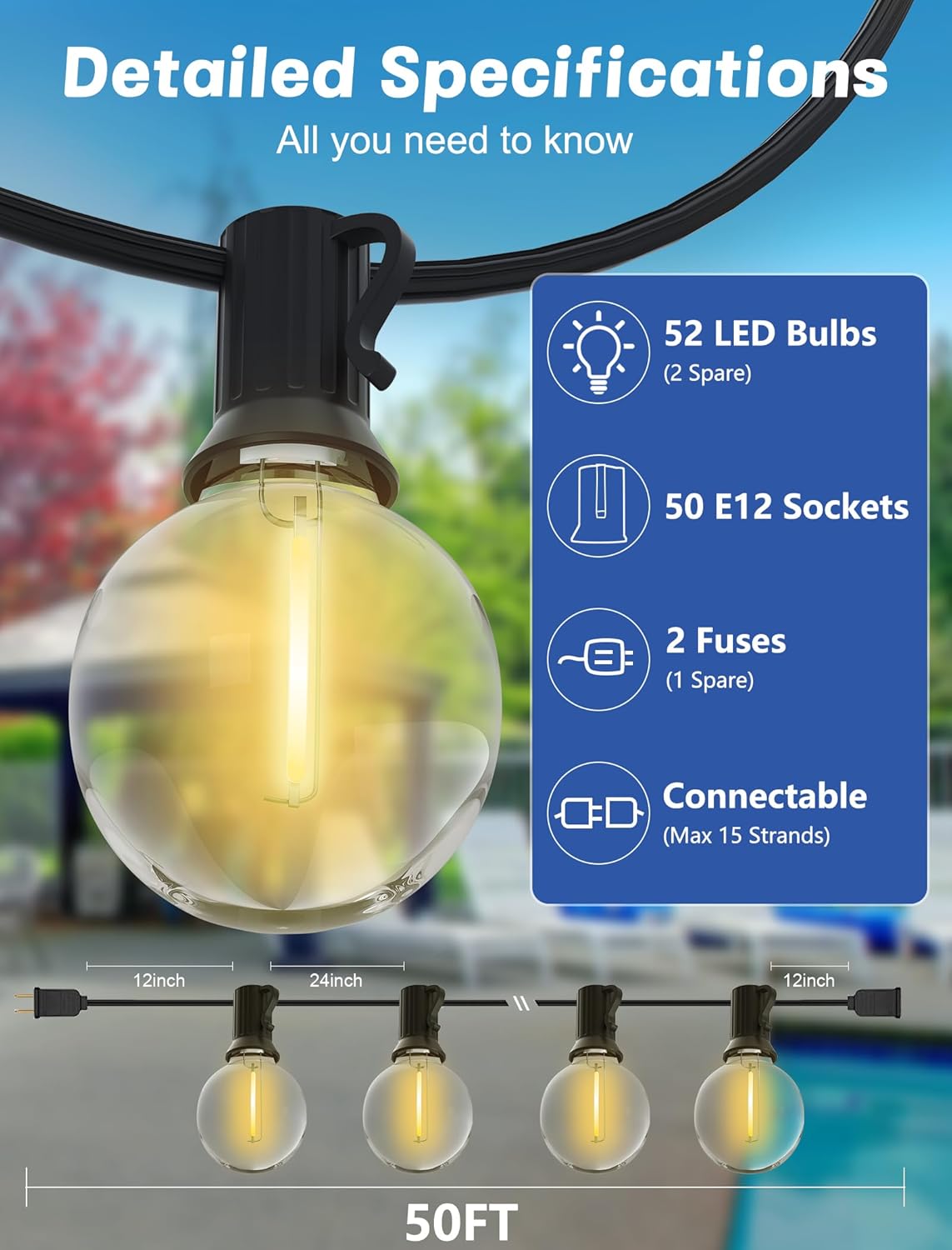 SUNSGNE Outdoor String Lights, 50FT Outdoor Globe Light with 52 G40 Shatterproof LED Bulbs(2