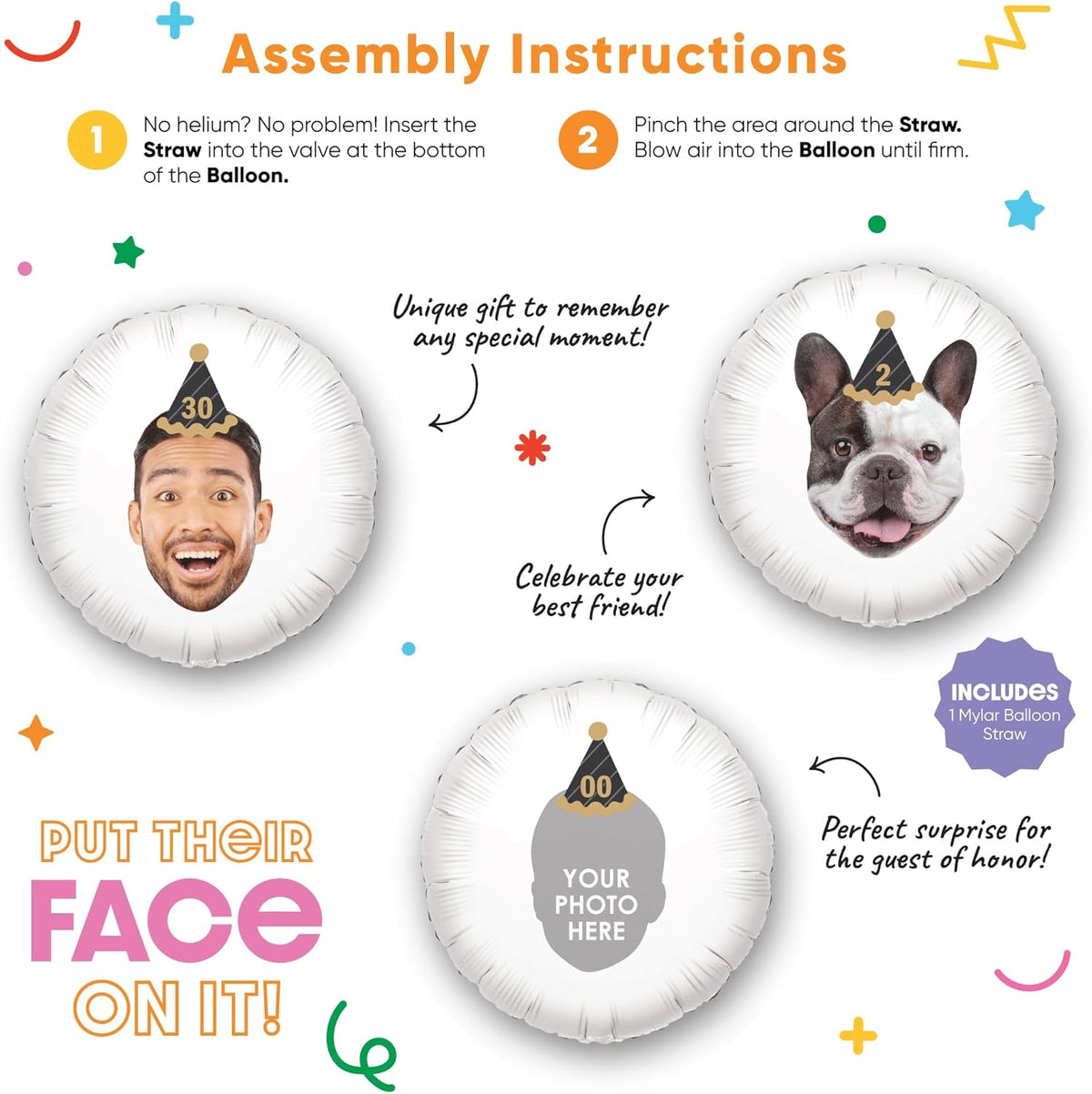Big Dot of Happiness Personalized Adult Happy Birthday Black & Gold Cone Hat Fun Face Photo