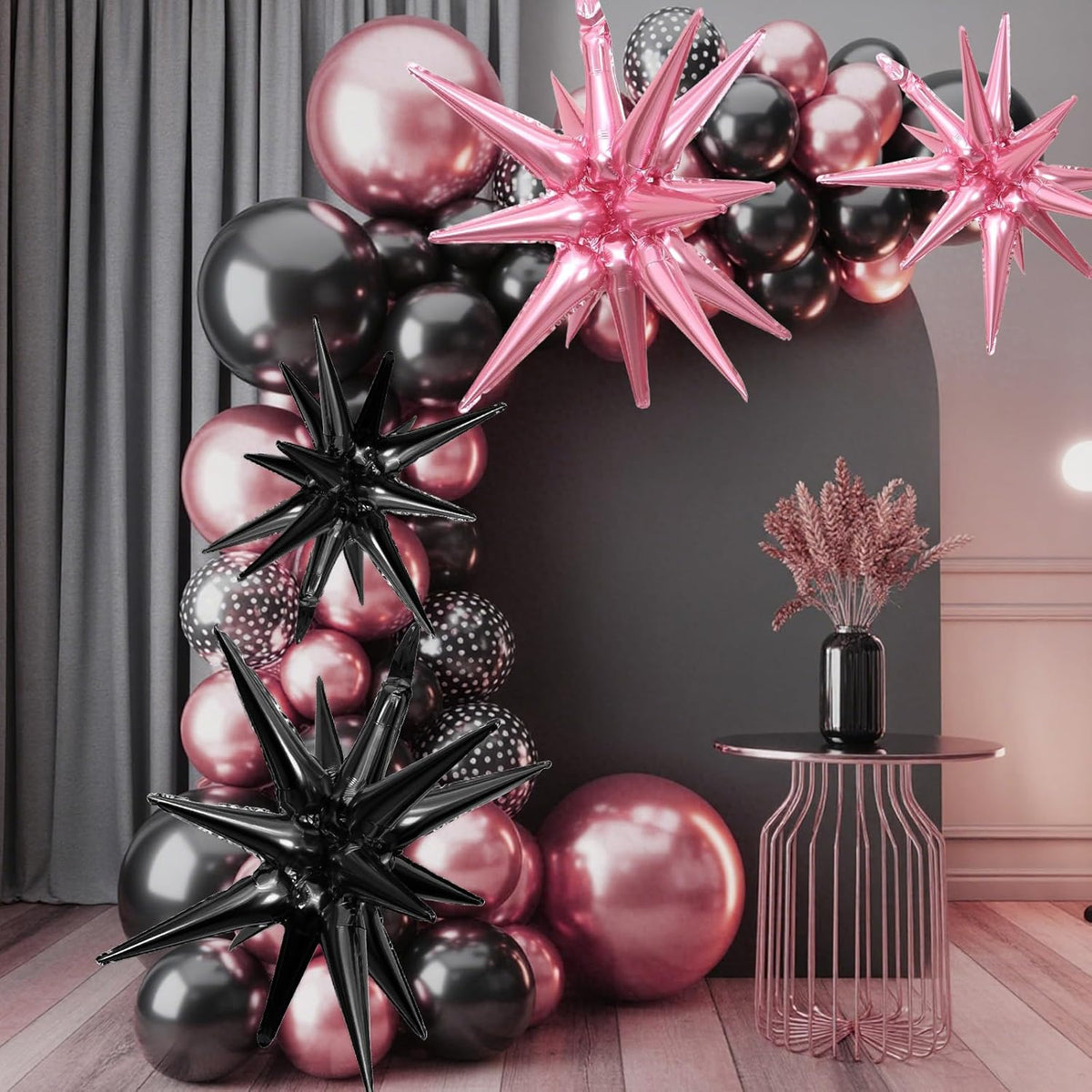 Pink Black Star Balloons,9Pcs 22Inch Black and Pink Explosion Spike Cone Helium Polyester Film Star
