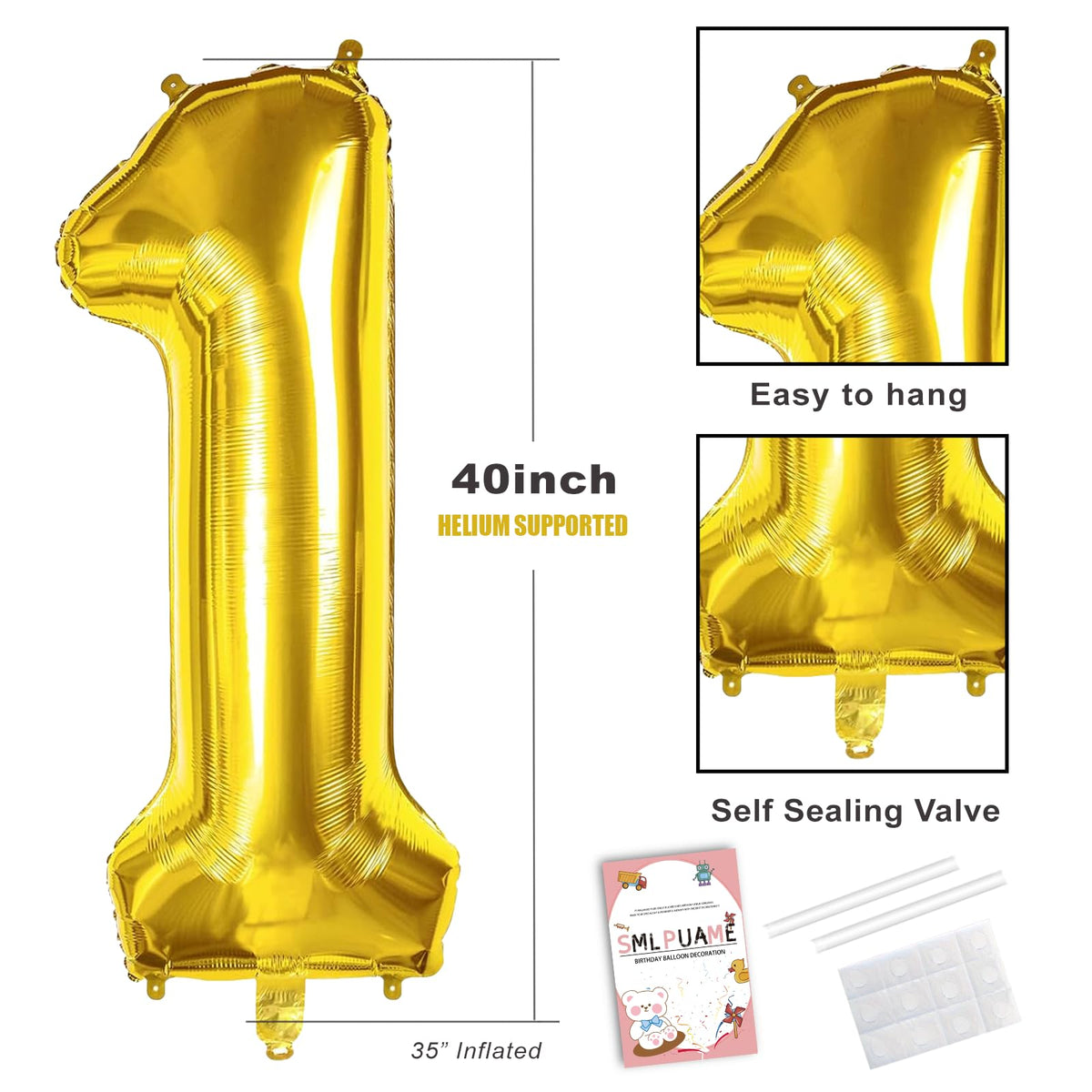 Smlpuame 40 Inch Gold Number 1 Balloon, 1st Birthday Decoration Boys Girls