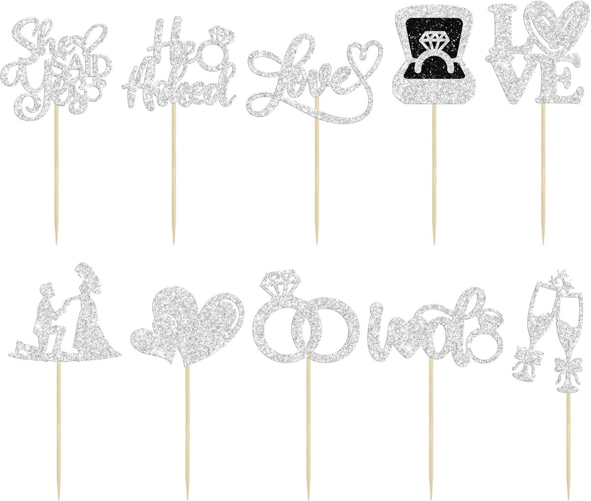 Ephlyn 30Pcs He Asked She Said Yes Cupcake Toppers Glitter Engagement Cupcake Toppers Diamond Ring