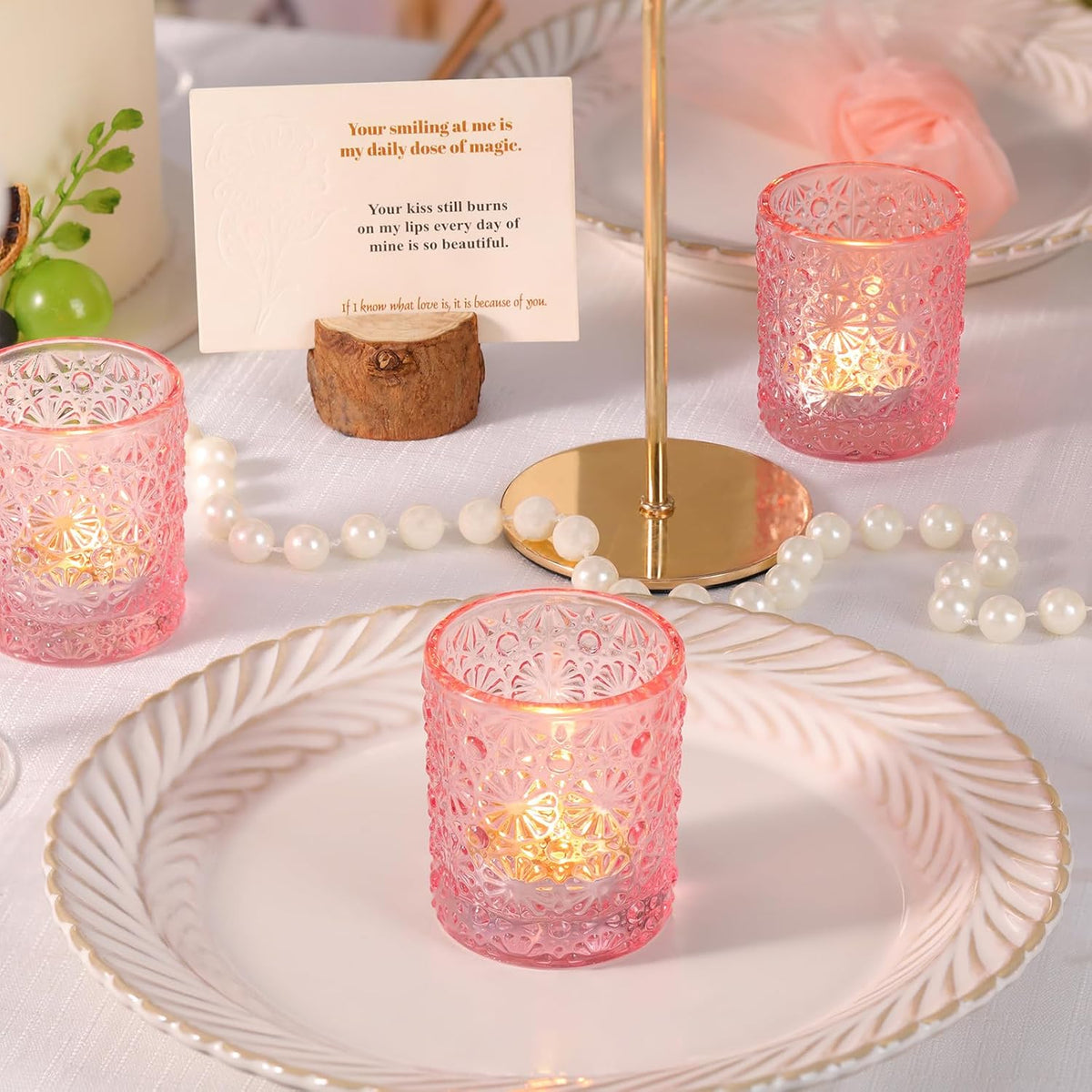 Pink Votive Candle Holder Set of 36, Flower Tea Lights Candles Holders for Wedding Table