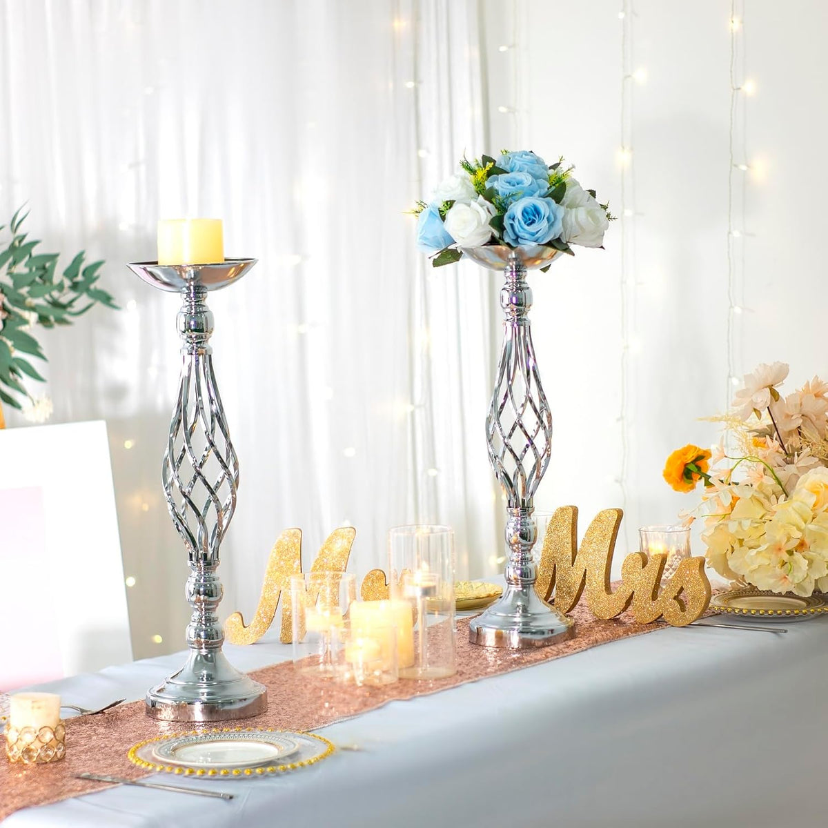 LANLONG 10pcs Metal Silver Candle Holders Road Lead Table Centerpiece Stand Pillar Candlestick for