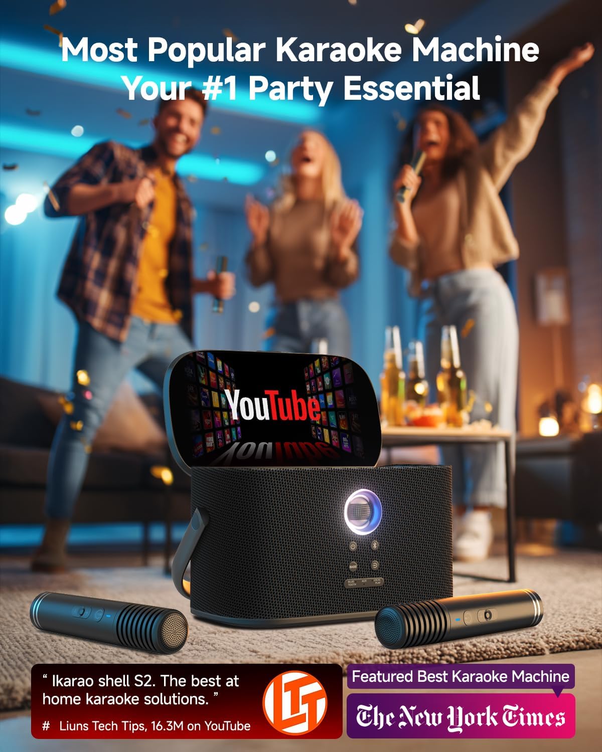 Ikarao Portable Karaoke Machine for Adults, Built-in Lyrics Display and Screen, 2 Self-Charging