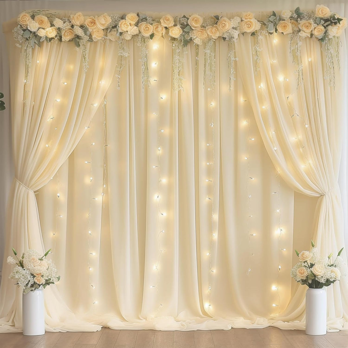 Light Champagne Backdrop Curtains with Lights String for Parties,10x10FT Wrinkle Free Wedding Photo