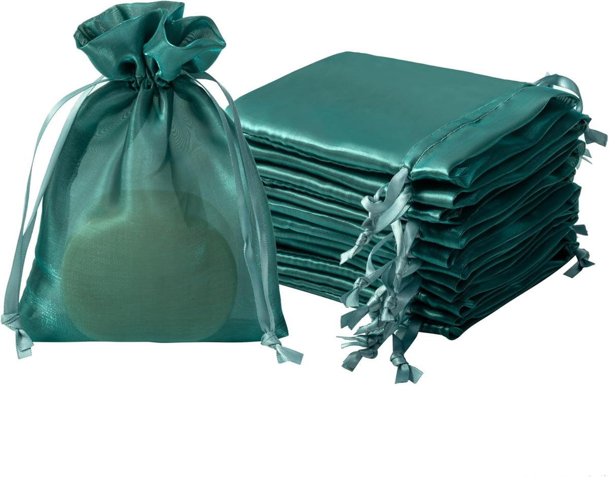 QIANF 20 Pcs Dark Green Small Organza Bags 4X6 inch for Wedding Favors with Drawstring, Mini Mesh