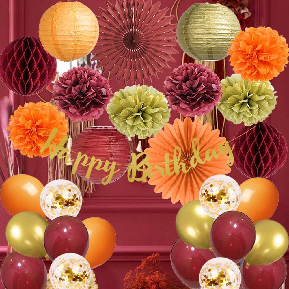 Fall Birthday Decorations Burgundy and Orange Party Decorations Pom Poms Flowers Paper Lanterns