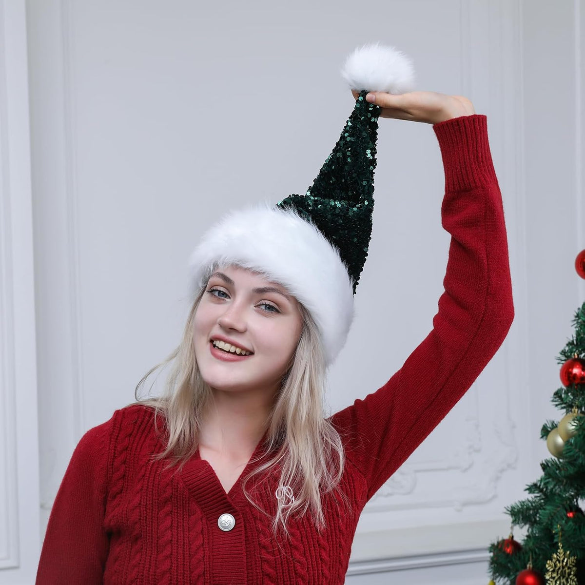 Personalized Sequin Santa Hat for Adults, Red Glitter Christmas Party Hat, Xmas Halloween New Year