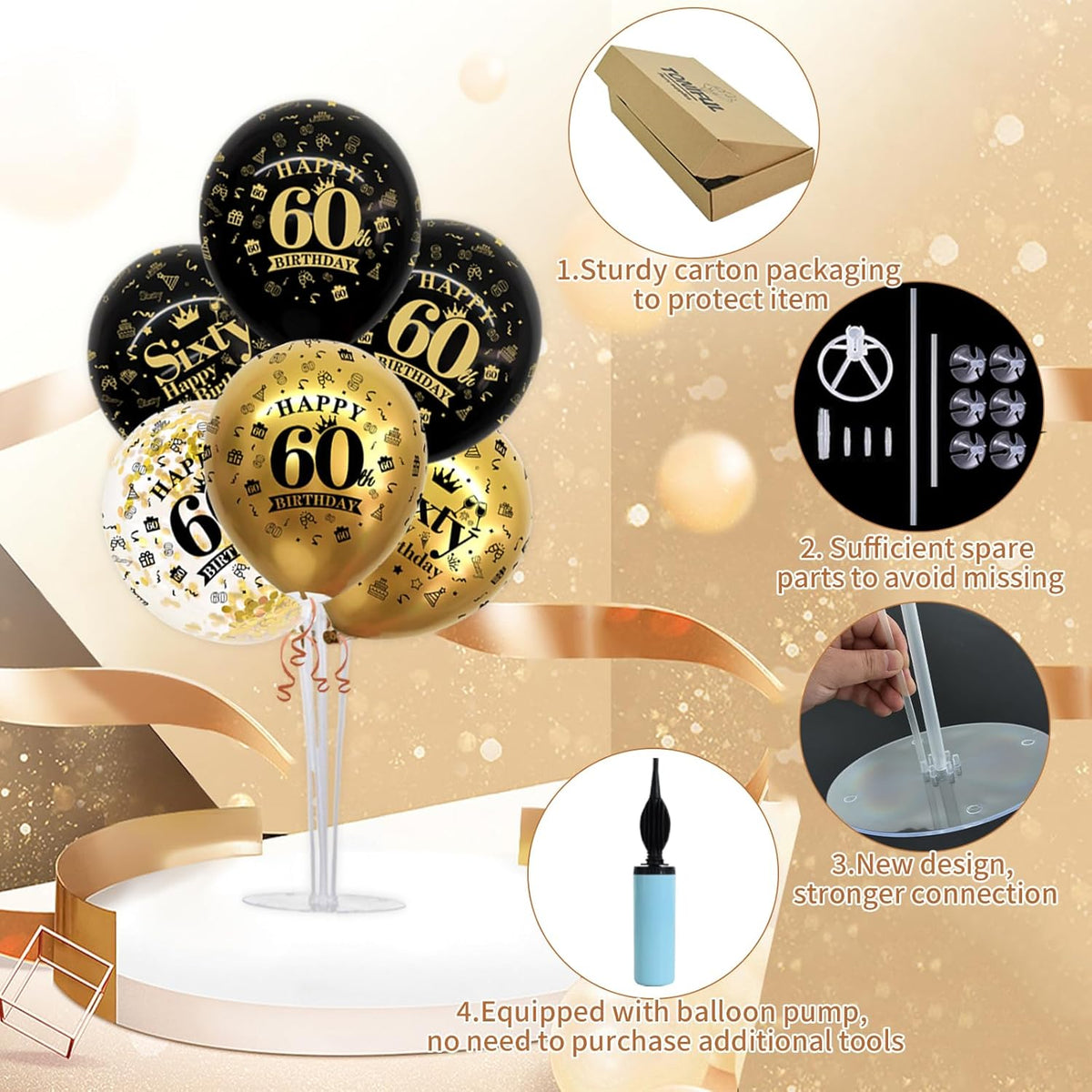 TONIFUL 4 Set Black Gold Balloon Stand Kit for Birthday Decorations for 60th,Balloon Centerpieces