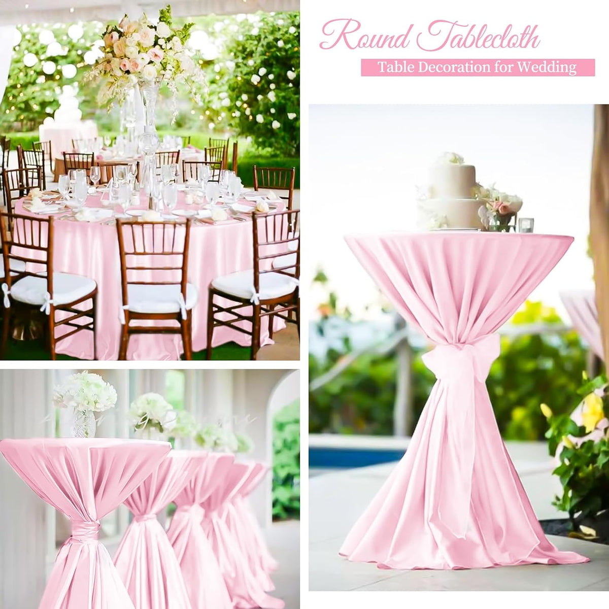 fani 6 Pack 120 Inch Light Pink Satin Tablecloth - Silky Round Tablecloth Overlay Smooth Fabric