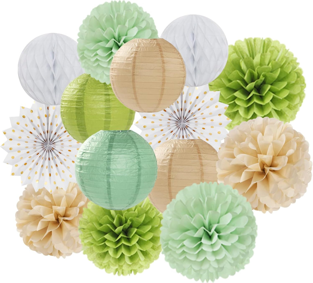 Olive-Sage Green-Boho Party-Decorations Streamers-Lanterns - 14pcs Baby Bridal Shower Wedding Paper