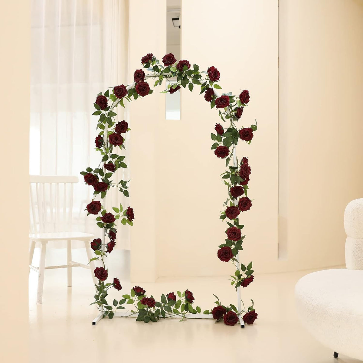 2 Strands 73'' Artificial Silk Rose Flower Vines Garland, Fake Roses Floral Green Leaves Hanging