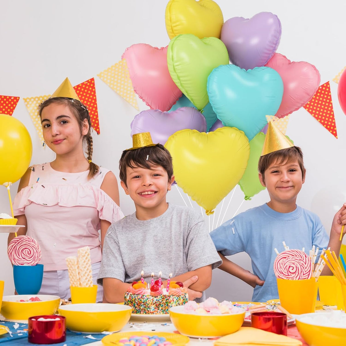 Pastel Colorful Heart Balloons,10Pcs Rainbow Foil Heart Shaped Balloons,18Inch Pink Blue Yellow
