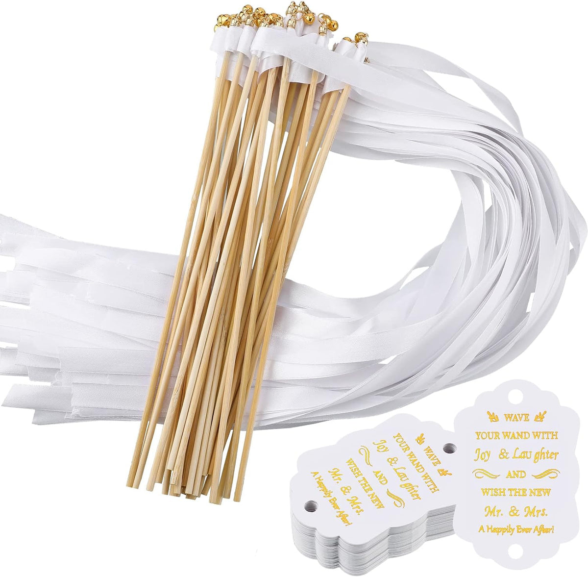 Junkin 100 Pcs Wedding Wands Streamers with Bells Set, 50 White Wedding Send Off Ribbon Streamers
