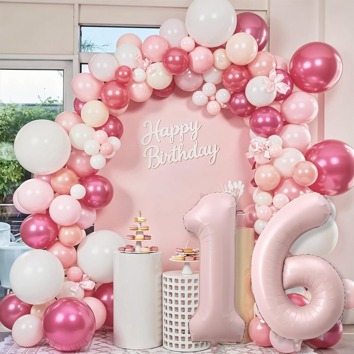 Light Pink Sweet 16th Birthday Balloon for Girls, 40 Inch Self Inflating Mylar Number 16 Balloons