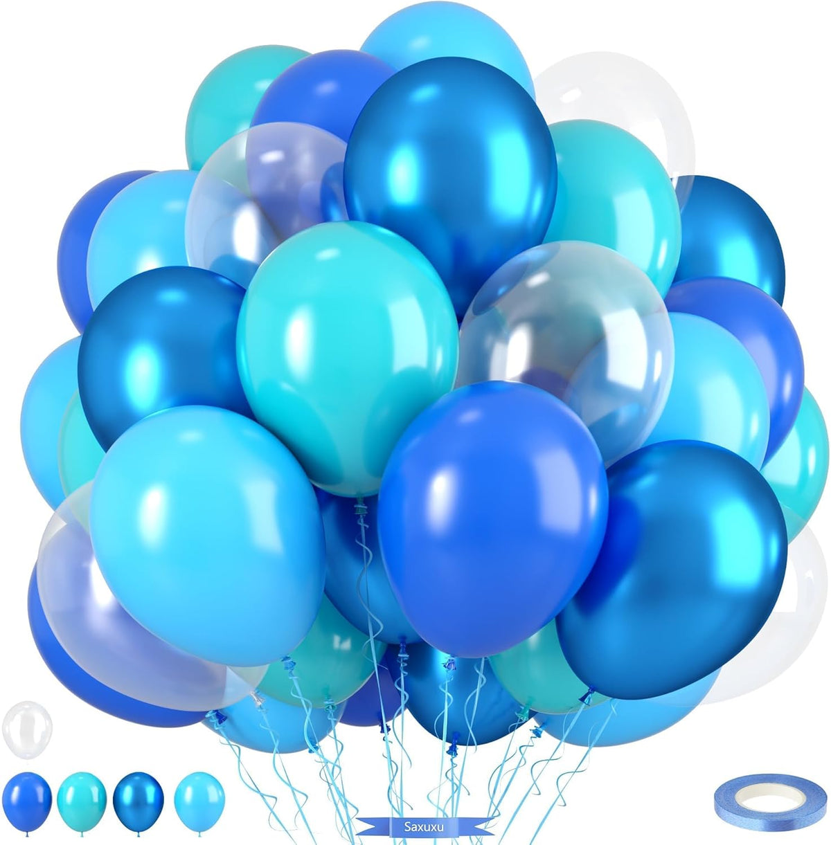 Ocean Balloons, 12 Inch Dark Light Blue Teal Clear Pearl Transparent Metallic Latex Balloons for