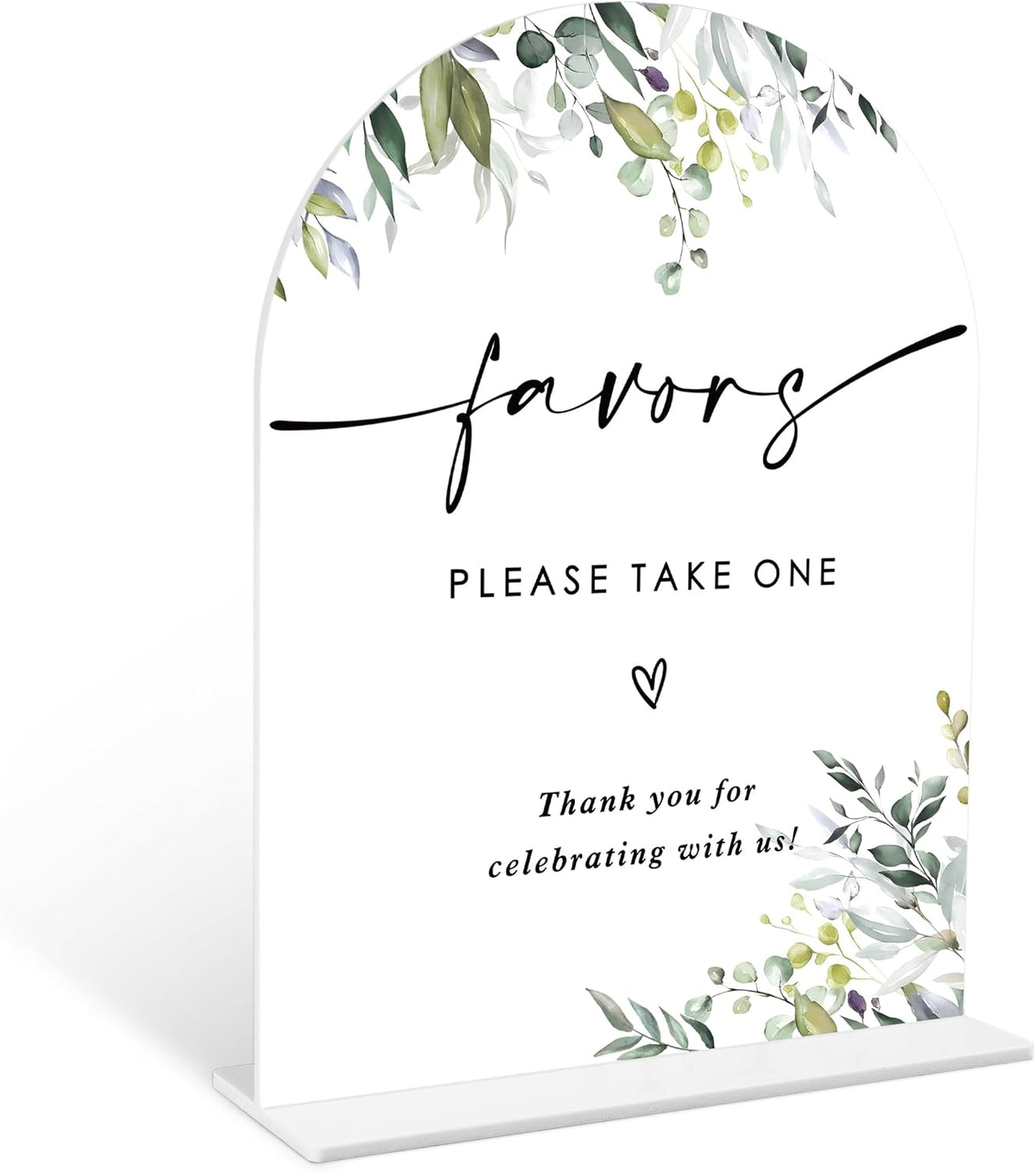 Greenery Favors Sign, 6 x 8 Inch White Arch Acrylic Wedding Sign with Holder, Wedding Sign for