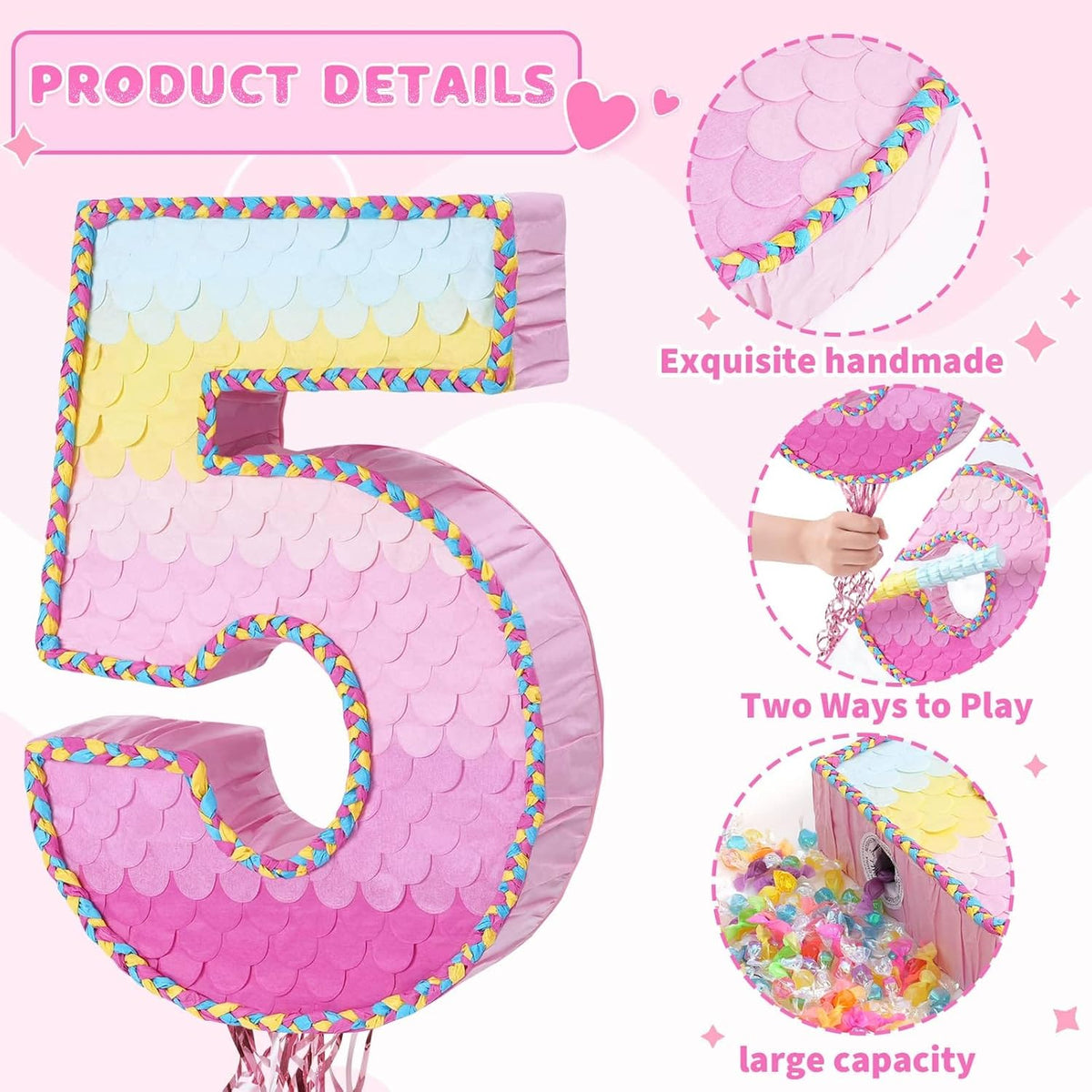 WERNNSAI Pink Sweet Five Pinata - Number 5 Pinata Happy Birthday Decoration Pink Rainbow Design