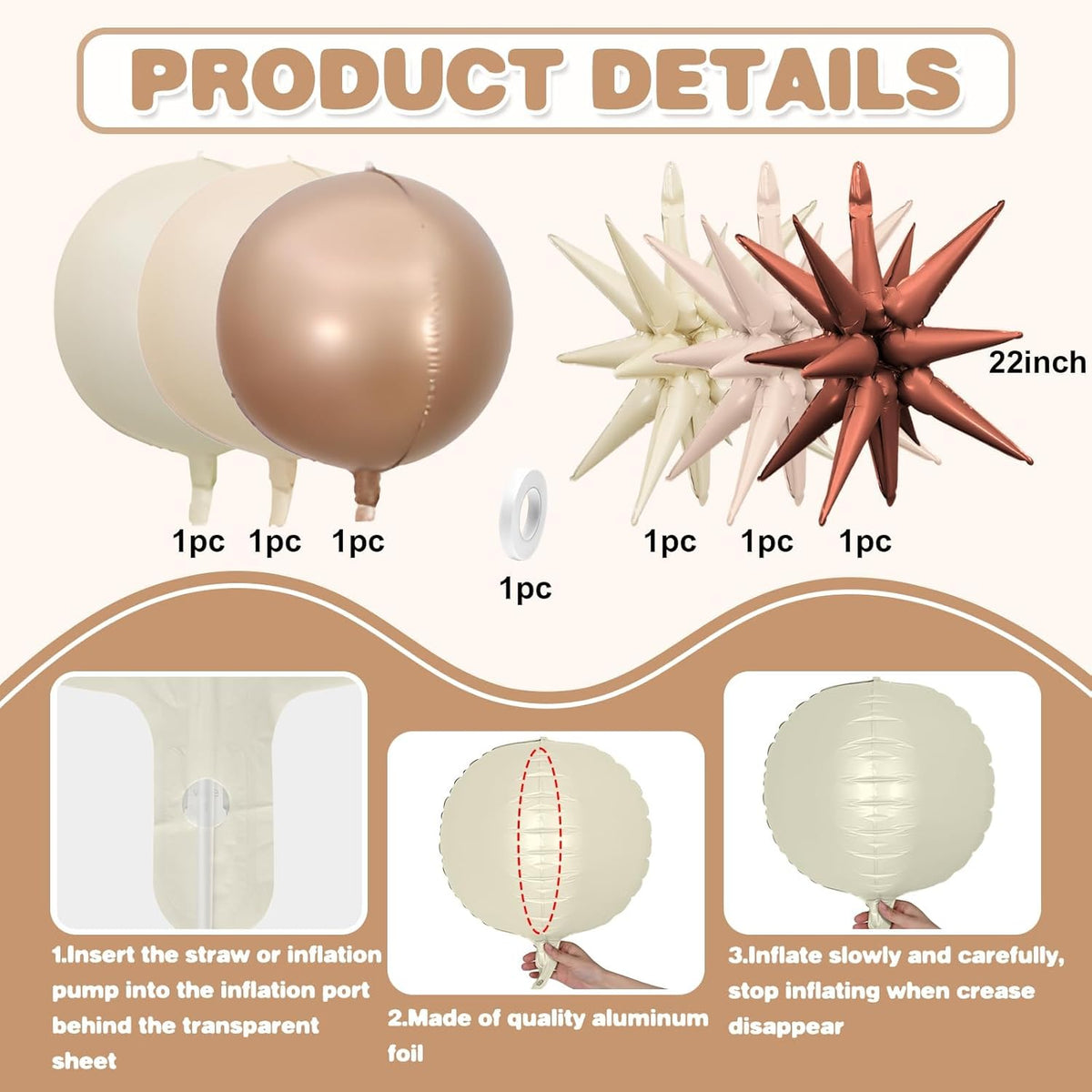 6Pcs Sand White Brown Foil Balloons,22Inch Cream Beige 4D Round Ball Balloon and Explosion Star