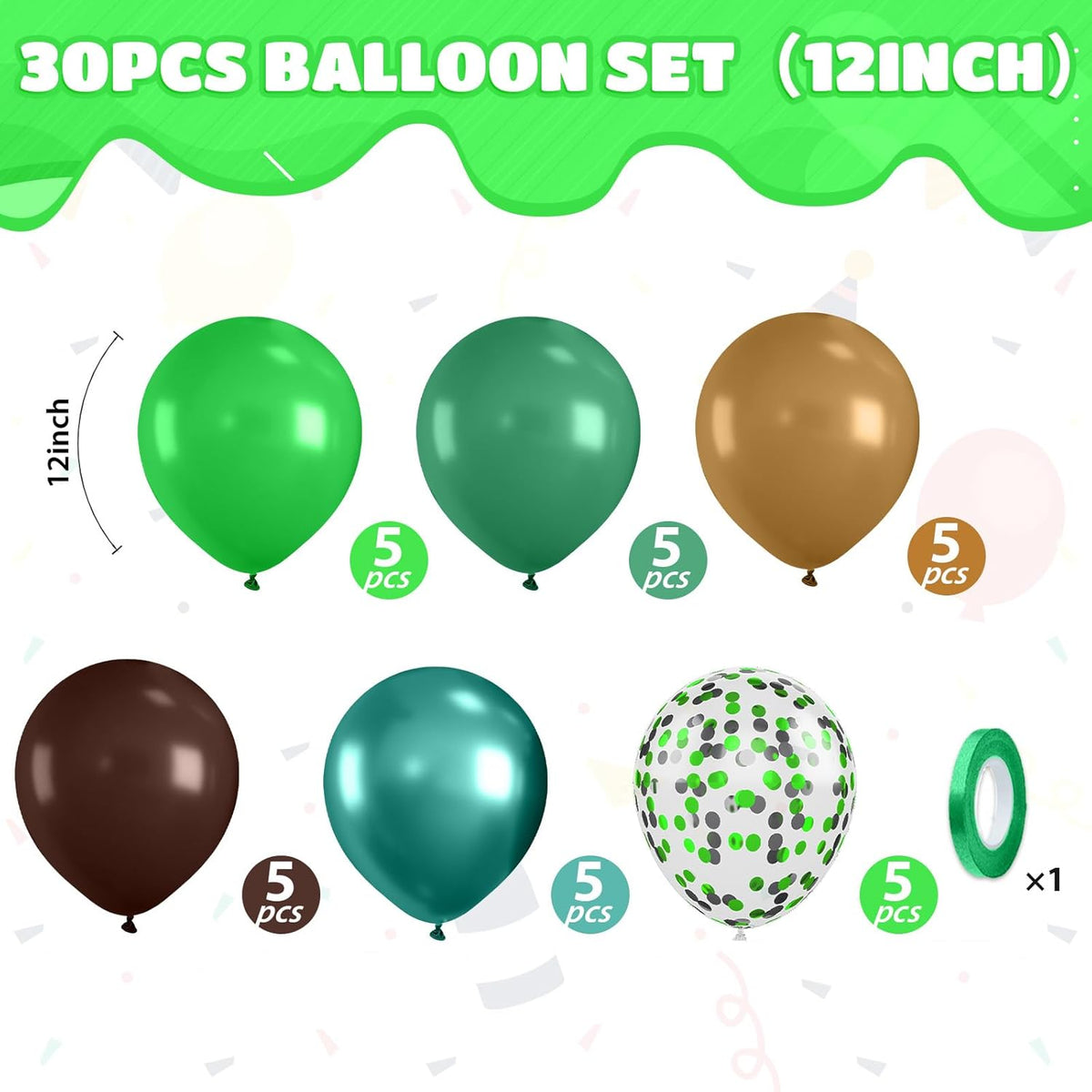 Brown and Green Balloons, 12 Inch Coffee Brown Emerald Dark Metallic Green Confetti Balloons for