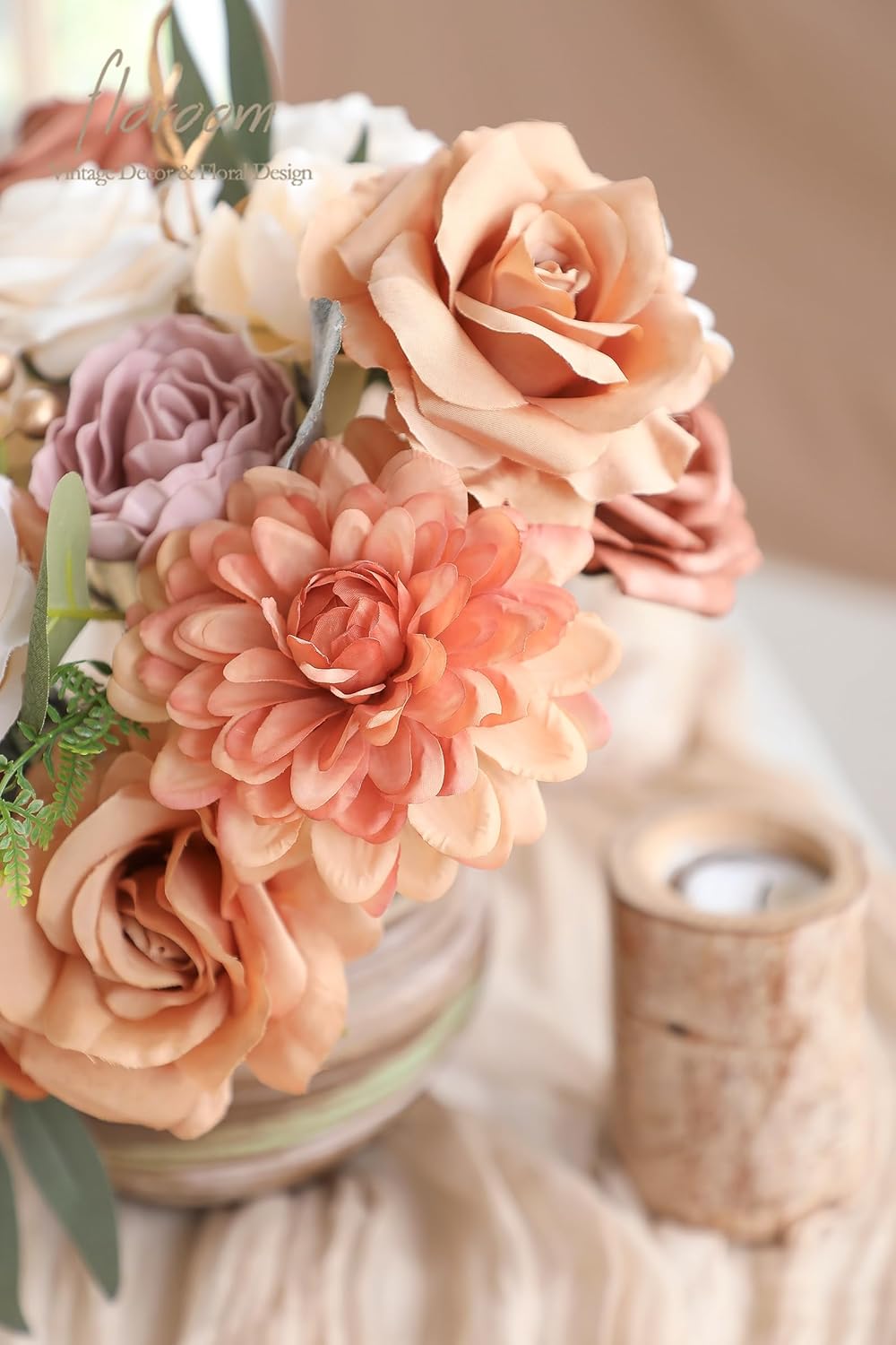 Floroom Terracotta Artificial Flowers Burnt Orange Fake Roses Peonies Dahlia Greenery Combo Box Set