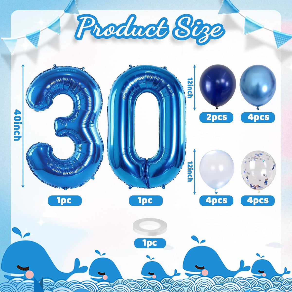 Number 30 Balloon Pastel Blue for Kids, XXL 30th Birthday Decor Foil Balloon Dark Navy Blue with