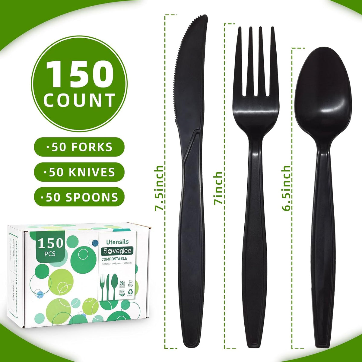 150 Count Black Compostable Silverware, Compostable Utensils, Disposable Silverware Plastic 50