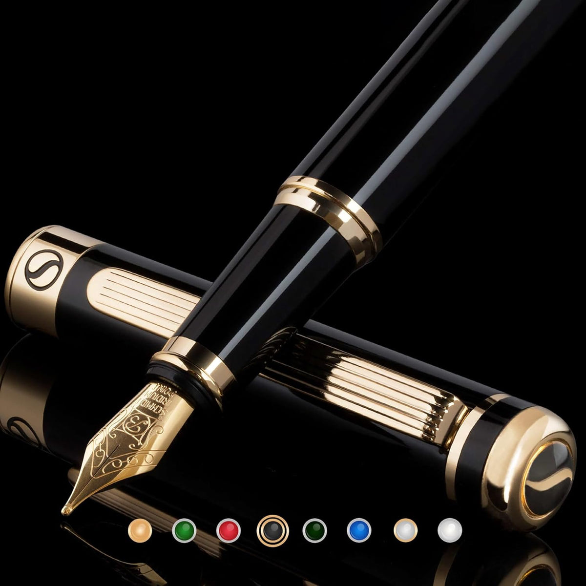 Scriveiner Black Lacquer Fountain Pen - Stunning Luxury Pen, Real Gold Finish, Schmidt Gilded Nib