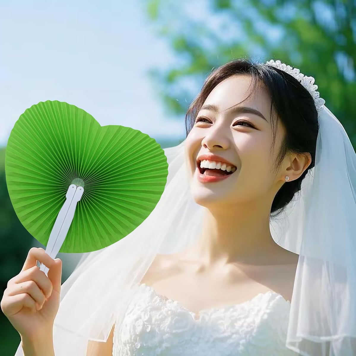 12 Packs Decorative Paper Folding Hand Fans Handheld,Grass Green Heart Foldable Wedding Fans