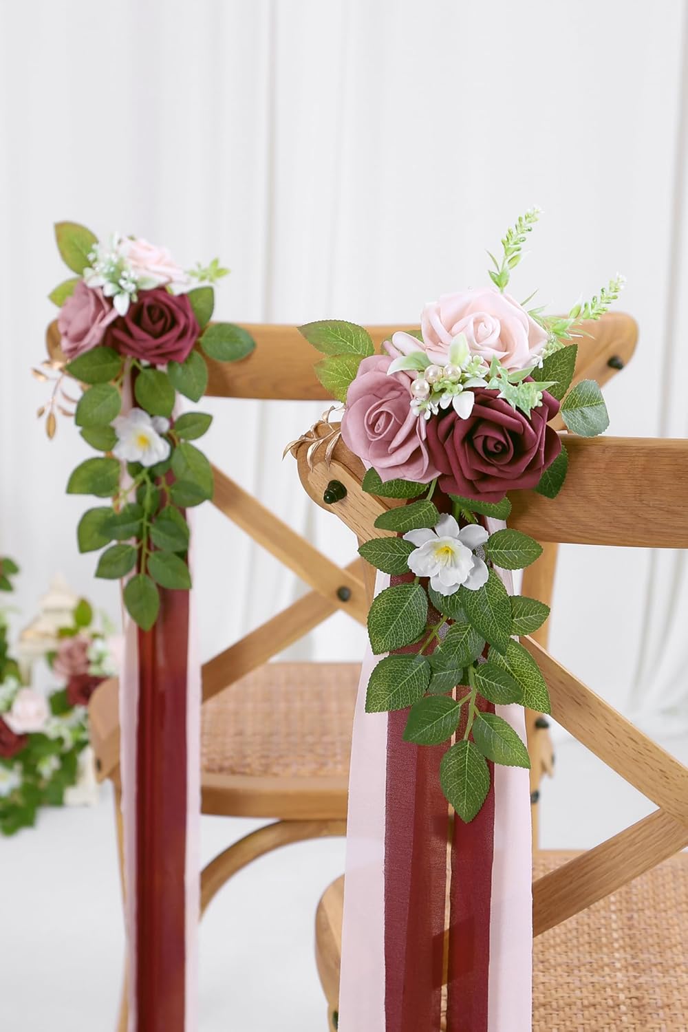 10 Wedding Aisle Decorations for Ceremony - Burgundy Chair Flowers for Aisle Decor - Church Pew