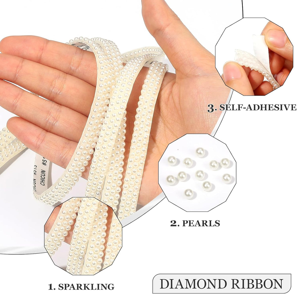 Off-White Pearls Ribbon 3 Yards Self Adhesive Pearls Strips Diamond Ribbon Sticker Crystal Roll