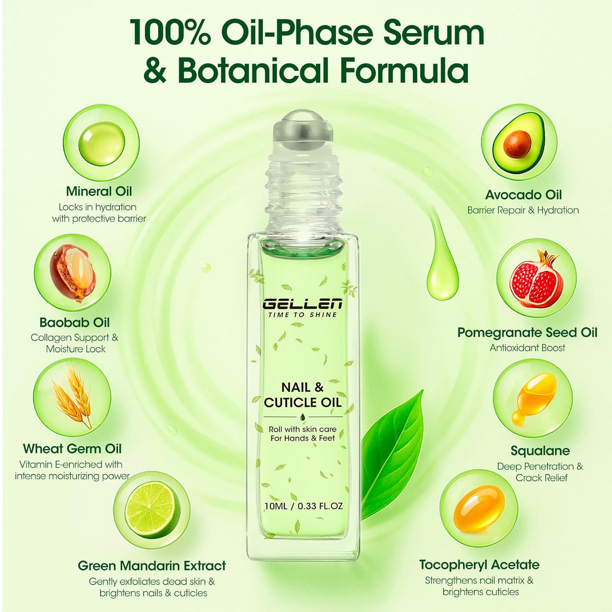 Gellen Cuticle Oil, Roll-On Nail Growth Oil, Nail Oil for Nail Growth & Repair & Strength, Green