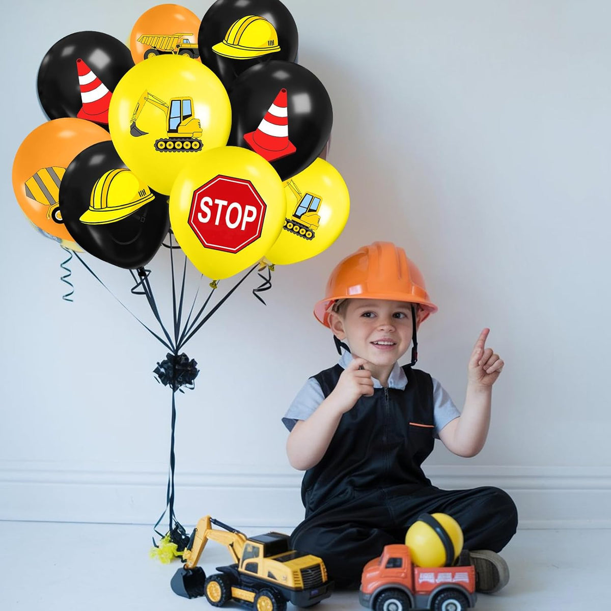 Construction Balloons, 12 Inch Black Yellow Orange Confetti Truck Construction Party Latex Balloons