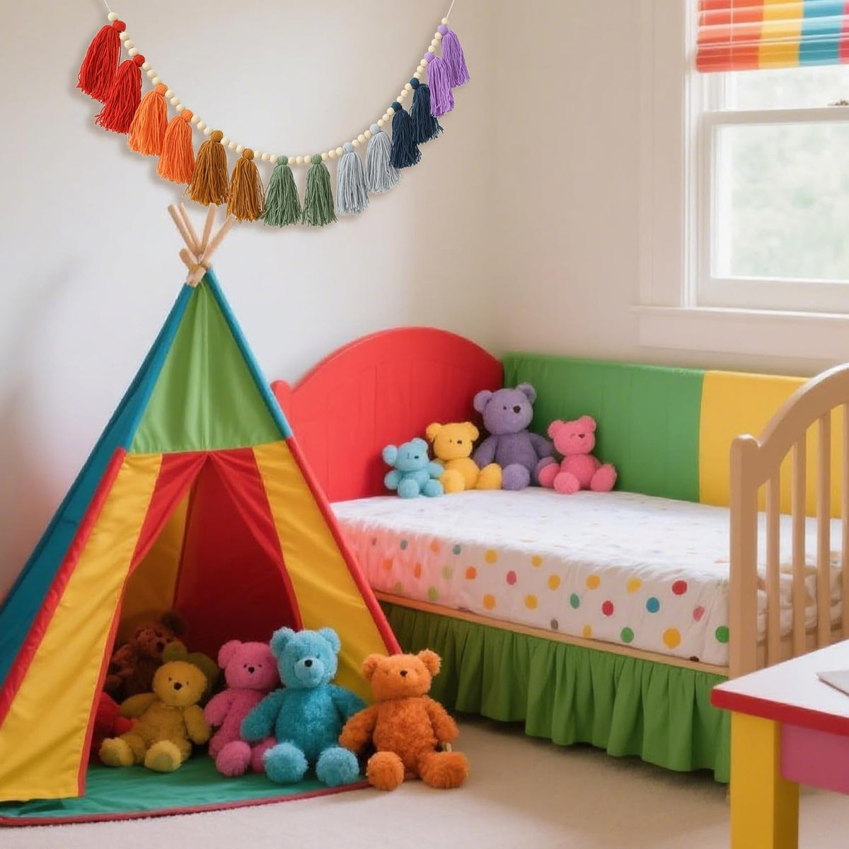Boho Tassel Garland Wall Hanging with Wood Beads Colorful Tassel for Kids Room Bedroom Classroom