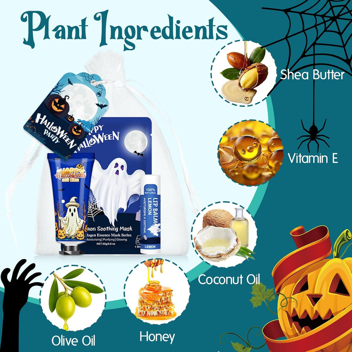 VESPRO 50 Pack Halloween Hand Cream, Facial Mask and Lip Balm Set, Bulk Halloween Gifts for Women