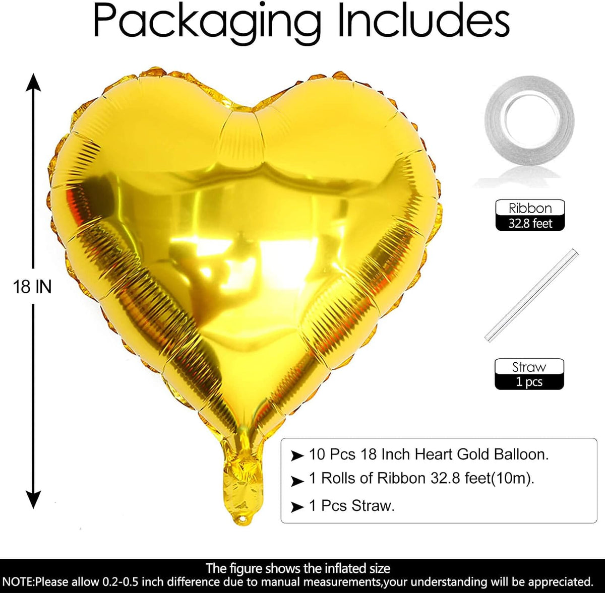 10Pcs Gold Foil Heart Shaped Balloons 18 Inch Mylar for Baby Shower, Wedding, Valentine Decorations