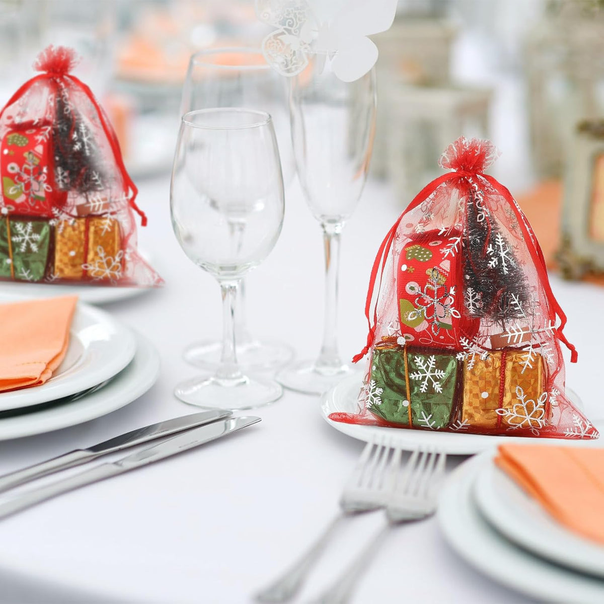 jijAcraft 5x7 Inch Christmas Organza Bags - 50Pcs Red Snowflake Gift Bags with Drawstring, Xmas