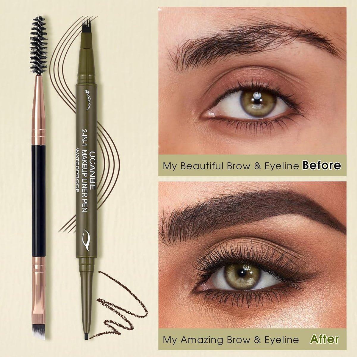 UCANBE Eyebrow Pencils for Women with Spoolie Brush, Dual-Ended Eyebrow Pen with 4-Fork-Tip & Gel