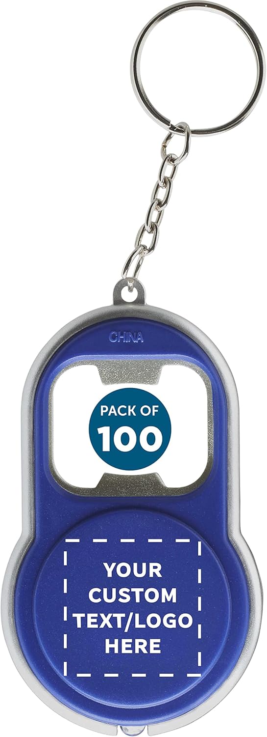 DISCOUNT PROMOS Custom Bottle Opener & LED Keychains Set of 100, Personalized Bulk Pack - Perfect