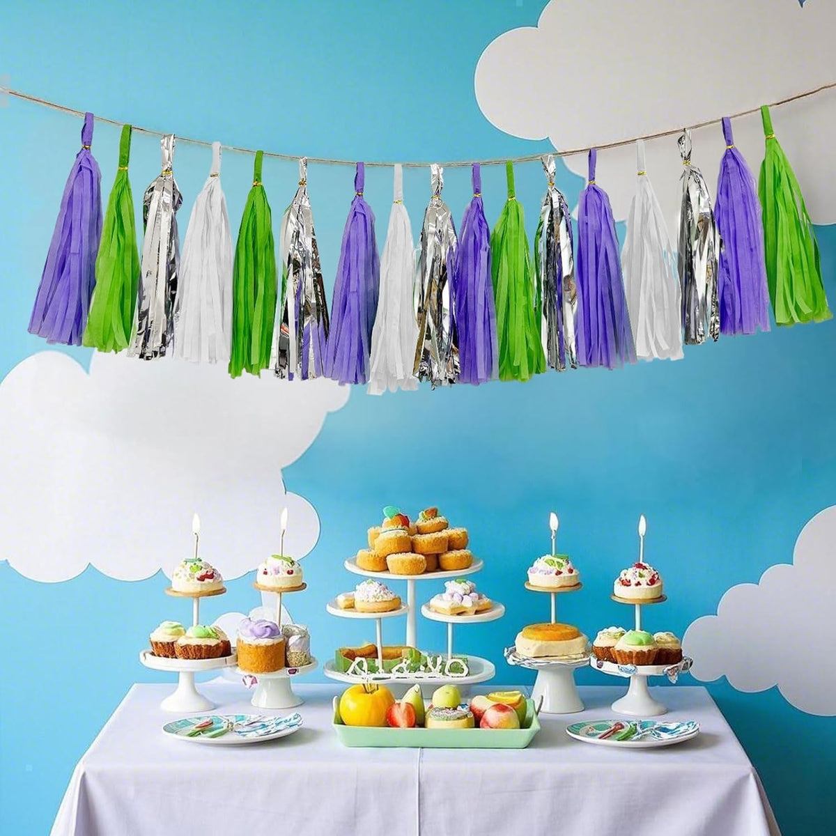 Tissue Paper Tassel Garland Banner, Purple Green Silver White, 20 PCS, Party Decorations for