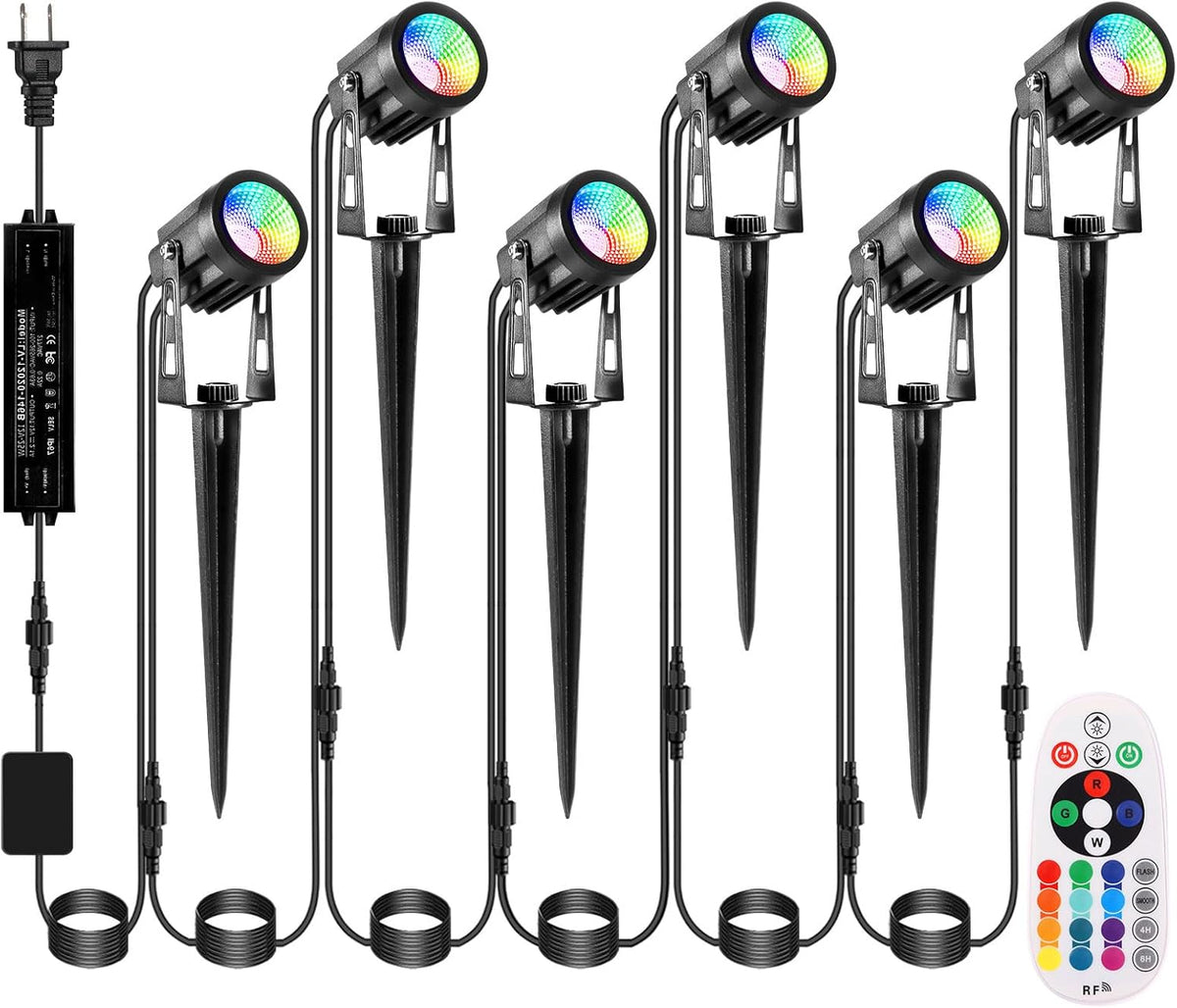Outdoor Landscape Lighting, 6 Pack RGB Outdoor Spot Lights with Transformers and Remote, 12V Low